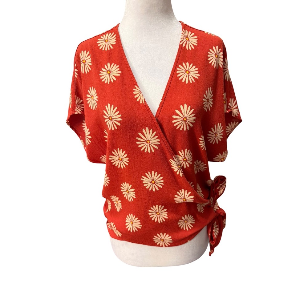 Madewell Central Wrap Top L Red Daisy Floral Side Tie Short Sleeve V-Neck Blouse
